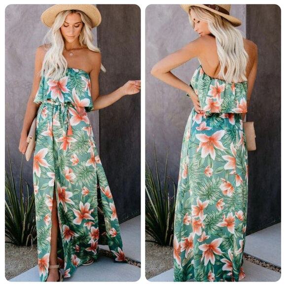 Akira Strapless Green Tropical Floral Flowy Slit Maxi Dress women’s size medium - Picture 1 of 11